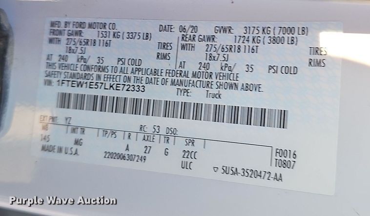 image for item DW3125 2020 Ford F150 SuperCrew pickup truck