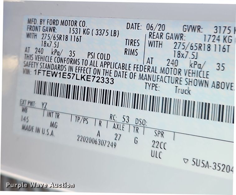 image for item DW3125 2020 Ford F150 SuperCrew pickup truck