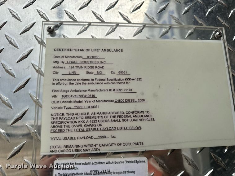 image for item EN5133 2008 GMC C4500 ambulance