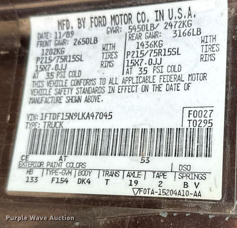 image for item EQ1003 1990 Ford F150 pickup truck