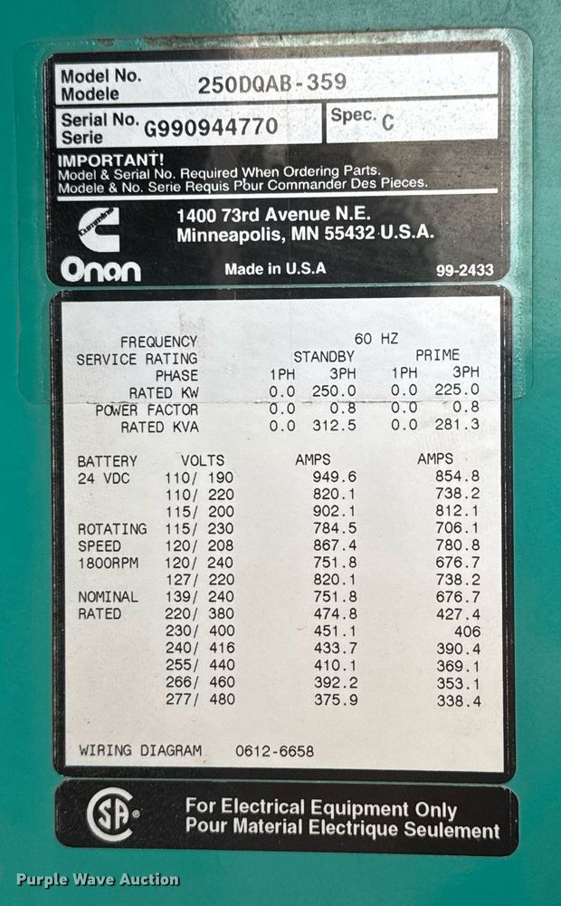 image for item EQ1006 1999 Onan 250DQAB-359 generator