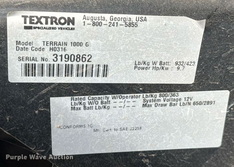 image for item EQ1013 2016 E-Z-Go Terrain 1000 G golf cart