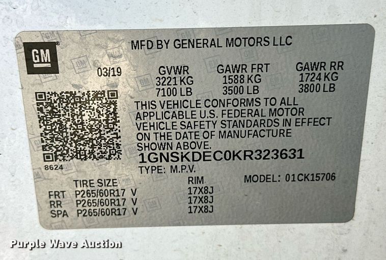 image for item ER8771 2019 Chevrolet Tahoe Police SUV