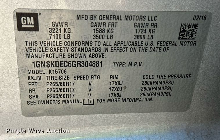 image for item ER8773 2016 Chevrolet Tahoe Police SUV