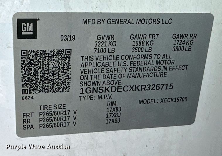 image for item ER8774 2019 Chevrolet Tahoe Police SUV