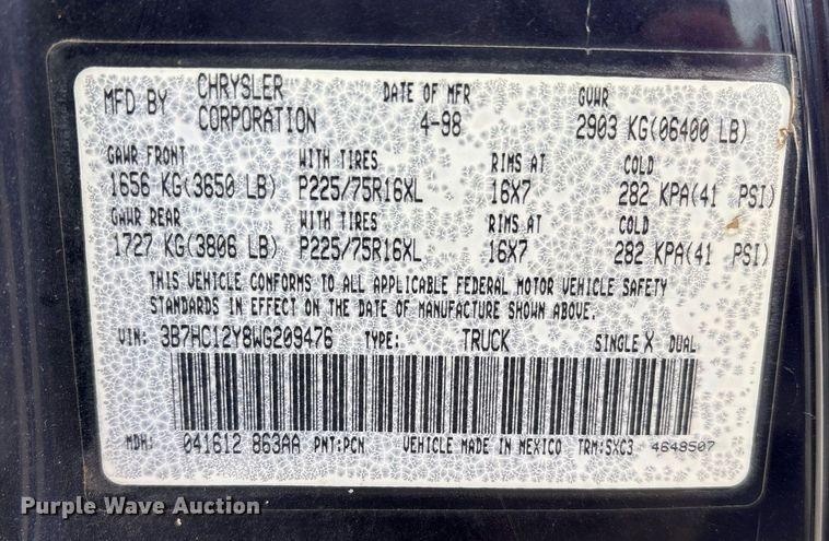 image for item EY9945 1998 Dodge Ram 1500 Club Cab pickup truck