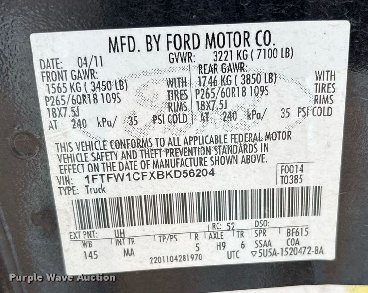 image for item EY9969 2011 Ford F150 SuperCrew pickup truck