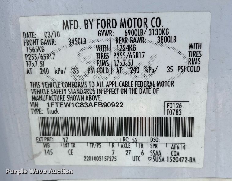 image for item EY9974 2010 Ford F150 SuperCrew pickup truck