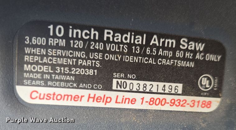 image for item NI9525 Craftsman radial arm saw