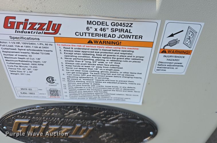 image for item NI9528 2019 Grizzly G0452Z jointer
