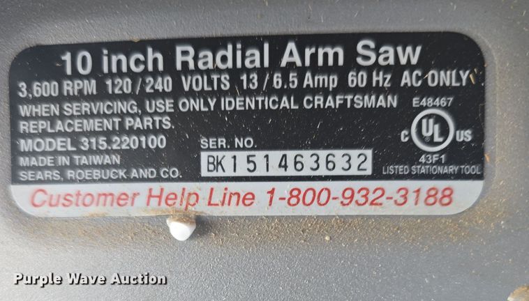 image for item NI9529 Craftsman radial arm saw