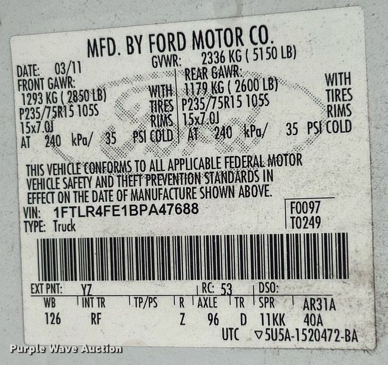 image for item NJ9591 2011 Ford Ranger XLT SuperCab pickup truck