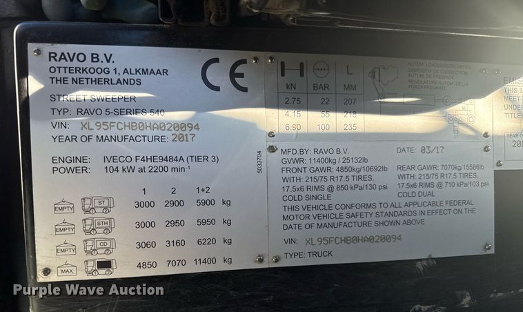 image for item NN9593 2017 Ravo 5-Series 540 street sweeper