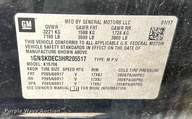 image for item NN9595 2017 Chevrolet Tahoe Police SUV