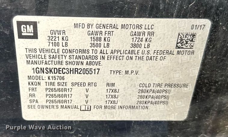 image for item NN9595 2017 Chevrolet Tahoe Police SUV