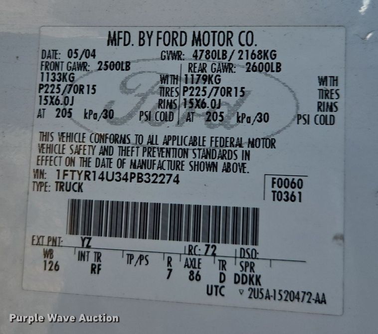 image for item YA0316 2004 Ford Ranger SuperCab pickup truck