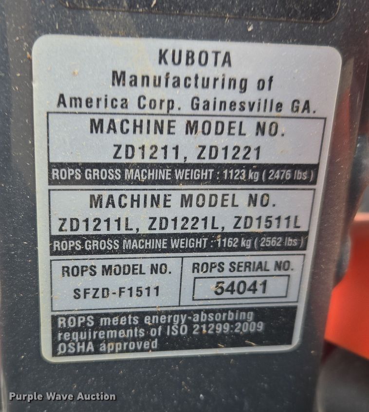 image for item DW8538 2022 Kubota ZD1211 ZTR lawn mower