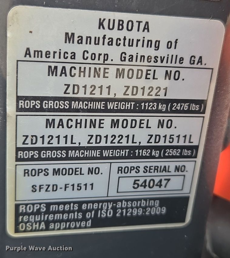 image for item DW8539 2022 Kubota ZD1211 ZTR lawn mower