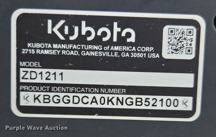image for item DW8539 2022 Kubota ZD1211 ZTR lawn mower