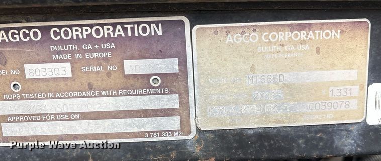 image for item OK9493 2012 Challenger MT665D MFWD tractor