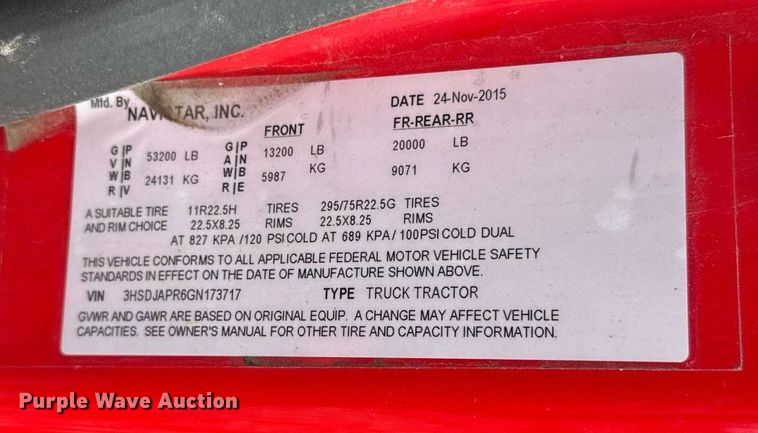 image for item DO2636 2016 International ProStar Plus 122 semi truck