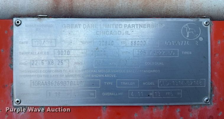 image for item DT0616 2009 Great Dane CLD-1314-02148 dry van trailer