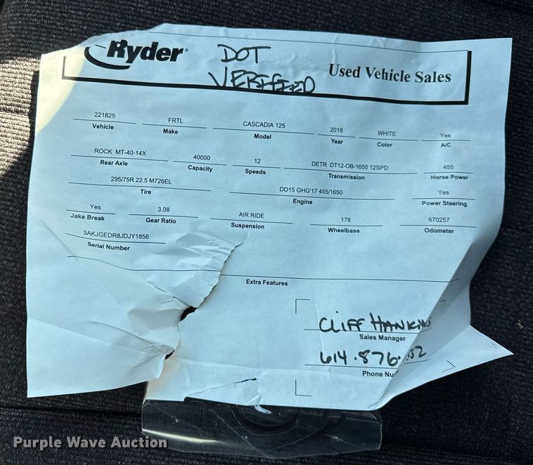 image for item DU3298 2018 Freightliner Cascadia 125 semi truck