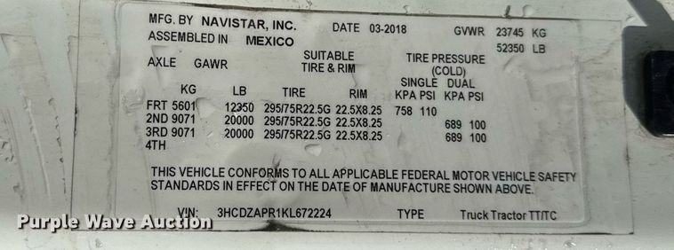 image for item DU3300 2019 International LT625 semi truck