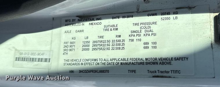 image for item DU3301 2019 International LT625 semi truck