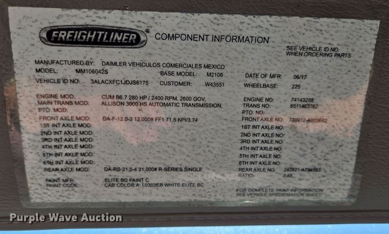 image for item DV1278 2018 Freightliner Business Class M2 106 truck cab and chassis