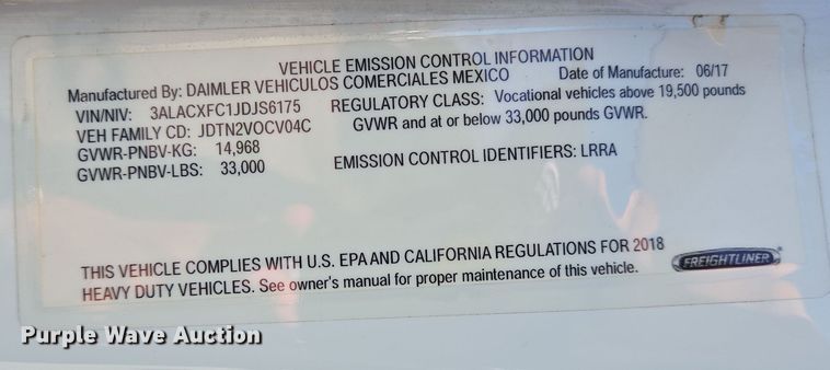 image for item DV1278 2018 Freightliner Business Class M2 106 truck cab and chassis