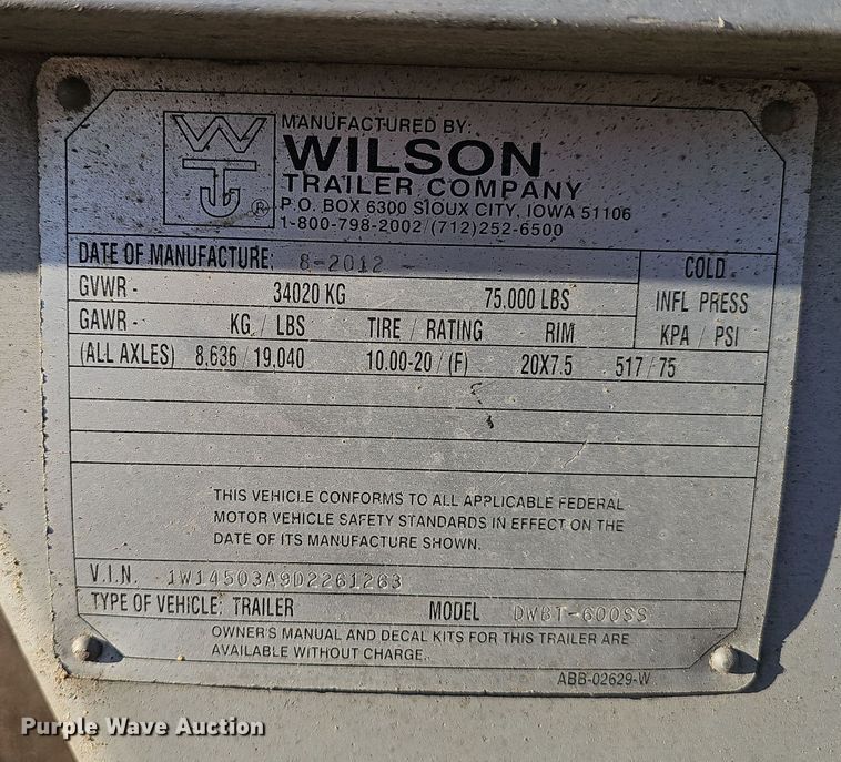 image for item DW3165 2013 Wilson DWBT-6000SS live bottom trailer