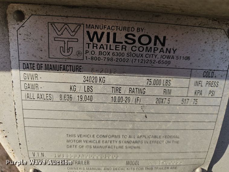 image for item DW3165 2013 Wilson DWBT-6000SS live bottom trailer