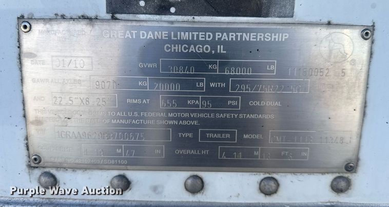 image for item EC3501 2011 Great Dane CMT-1113-11348 refrigerated van trailer