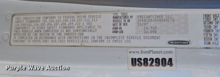 image for item EI4108 2008 Freightliner Business Class M2 truck cab and chassis