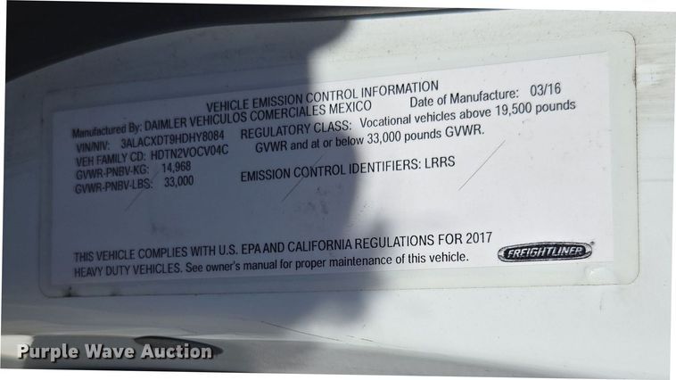 image for item EI4167 2017 Freightliner Business Class M2 106 refrigerated truck