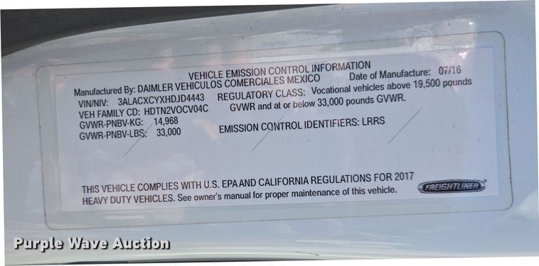 image for item EI4168 2017 Freightliner Business Class M2 106 refrigerated truck