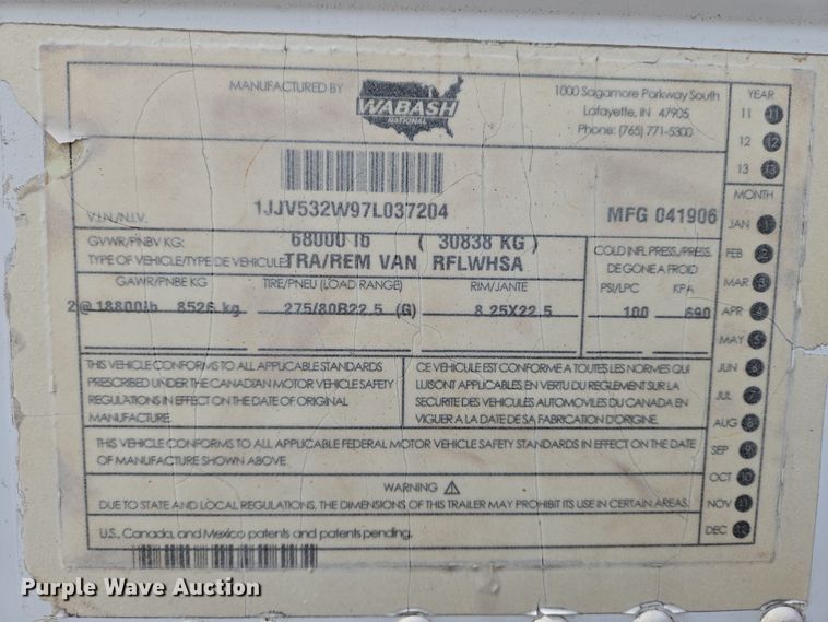 image for item EO0608 2007 Wabash refrigerated van trailer