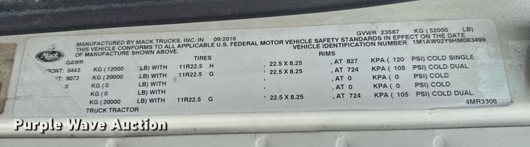 image for item LH9490 2017 Mack CXU613T semi truck