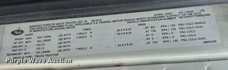 image for item LH9491 2017 Mack CXU613 semi truck