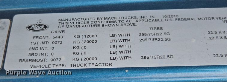 image for item YA0294 2011 Mack CXU613 semi truck