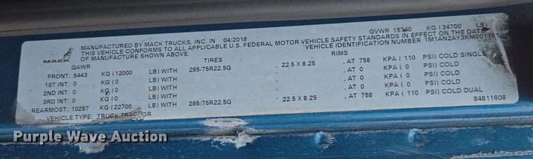 image for item YA0297 2019 Mack Anthem AN42T semi truck