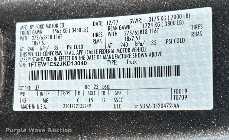 image for item DE2127 2018 Ford F150 SuperCrew pickup truck