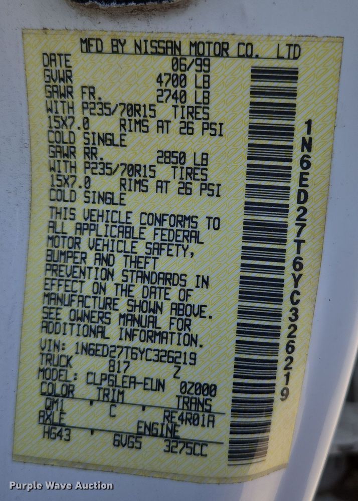 image for item DP6195 2000 Nissan Frontier Crew Cab pickup truck