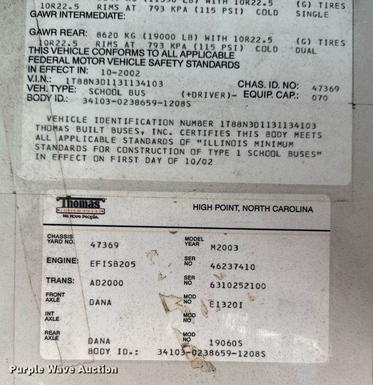 image for item DQ6651 2003 Thomas school bus