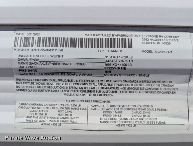 image for item DT4502 2021 Keystone SG295BH21 camper