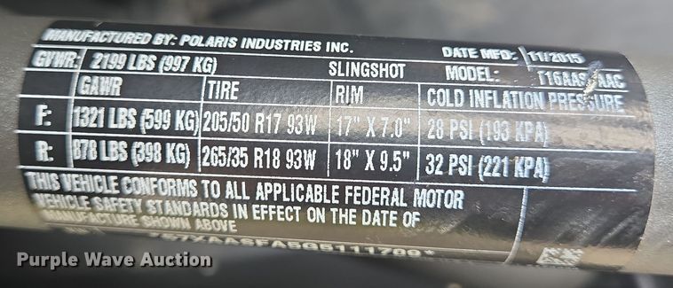 image for item DV1271 2016 Polaris Slingshot S motorcycle