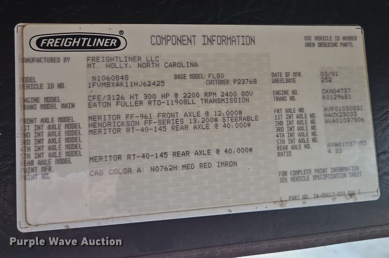 image for item DV1273 2001 Freightliner FL80 rollback truck