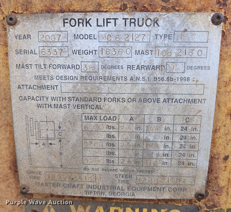 image for item DV1295 2007 MasterCraft MC-6-2127 forklift