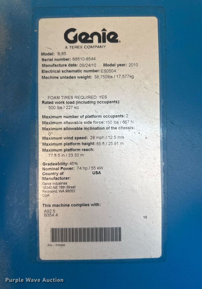 image for item EC3485 2010 Genie S-85 boom lift